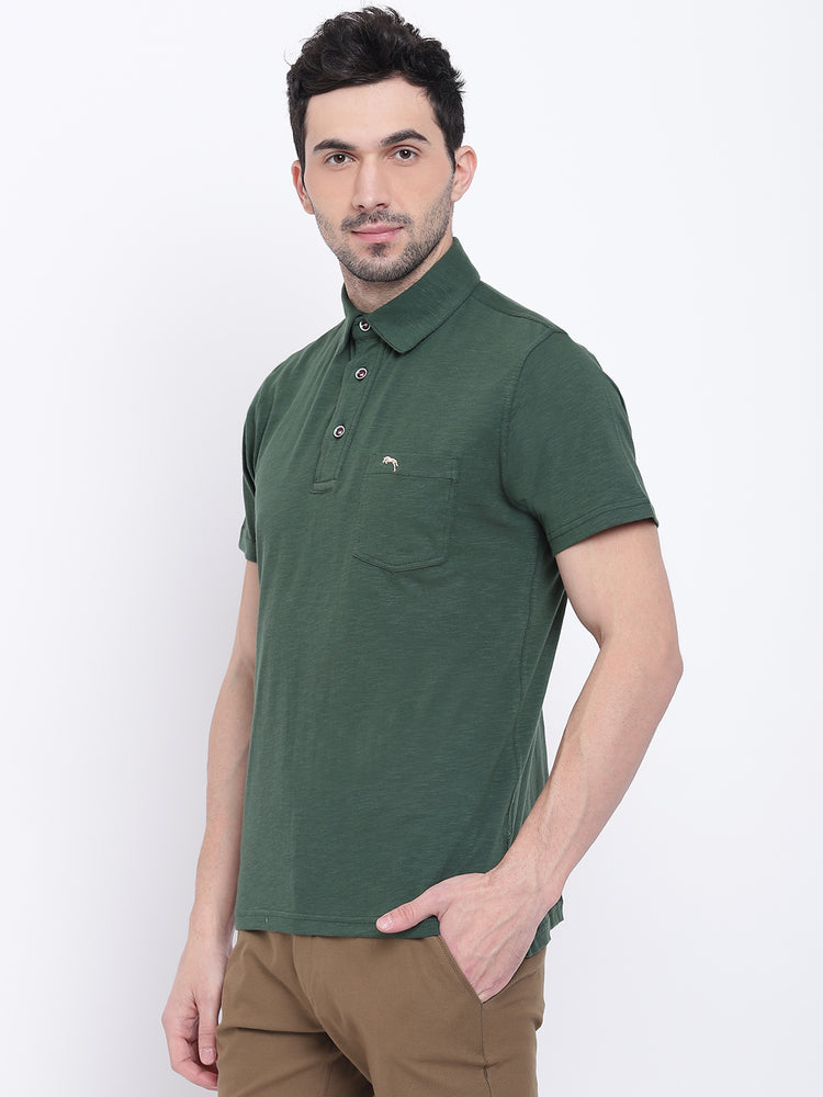 Men Casual Solid Green Polo Collar T-Shirt - JUMP USA