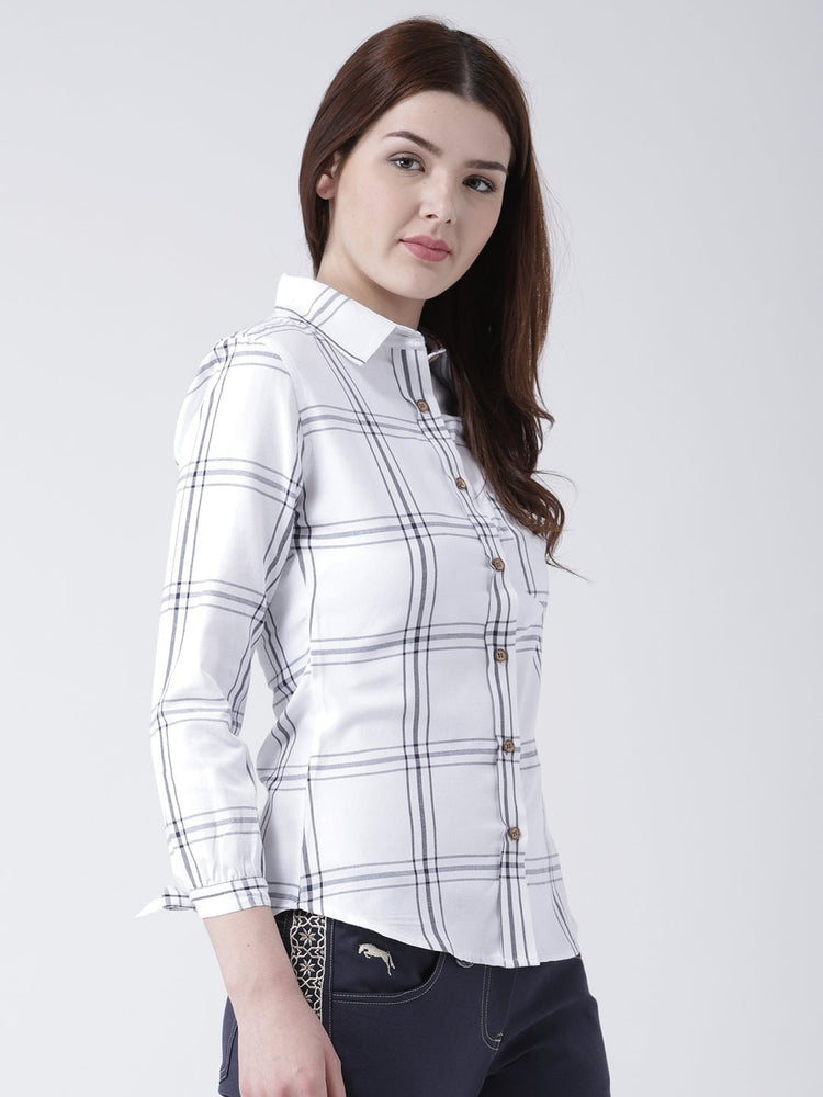 Women White & Navy Blue Slim Fit Checked Casual Shirt - JUMP USA