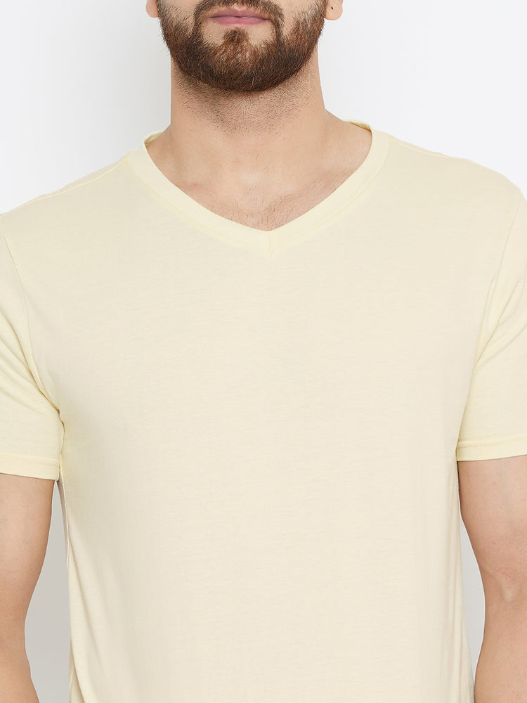 Men Beige Solid V Neck T-shirt - JUMP USA