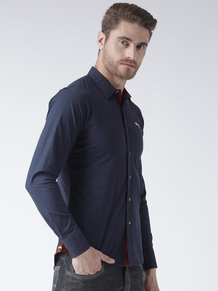 Men Navy Blue Solid Cotton Regular Fit Shirt - JUMP USA