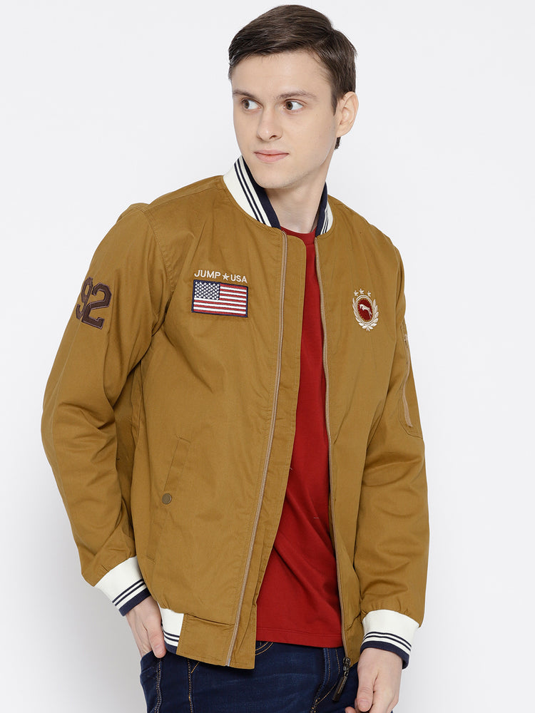 Men Khaki Solid Bomber Jacket - JUMP USA