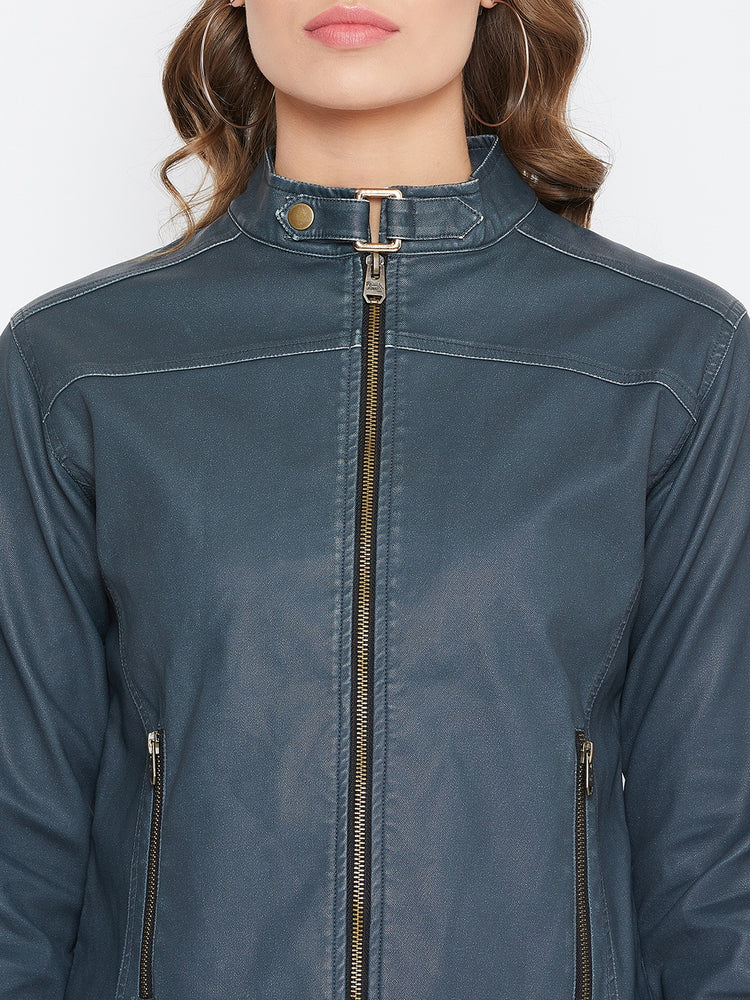 JUMP USA Women Olive Solid Casual Leather Jacket - JUMP USA