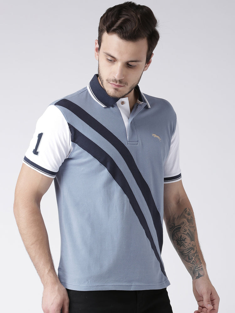 Men Casual Solid Blue Polo Collar T-Shirt - JUMP USA