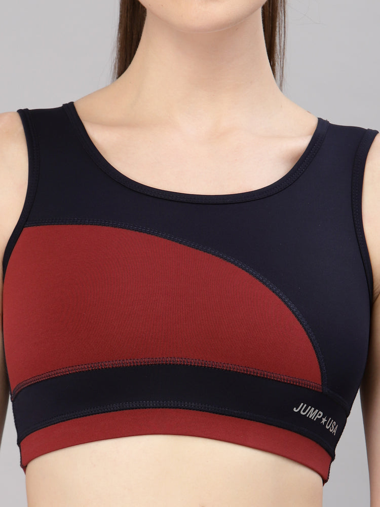 JUMP USA Black & Maroon Solid Non-Wired Non Padded Rapid-Dry Training Sports Bra