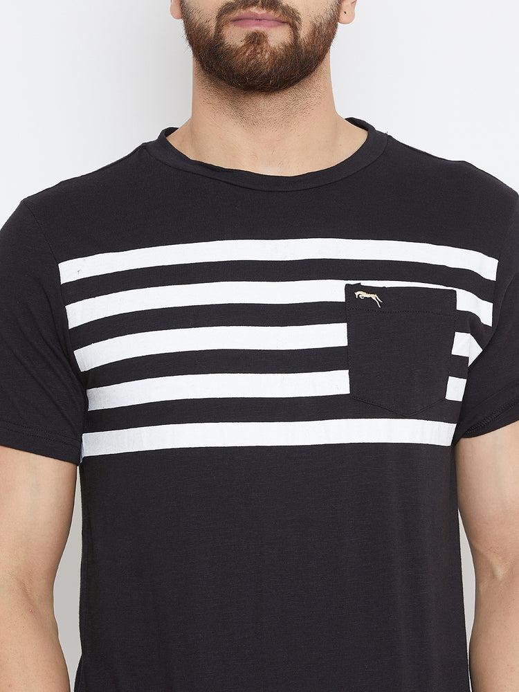 Men Black Striped Round Neck T-shirt - JUMP USA