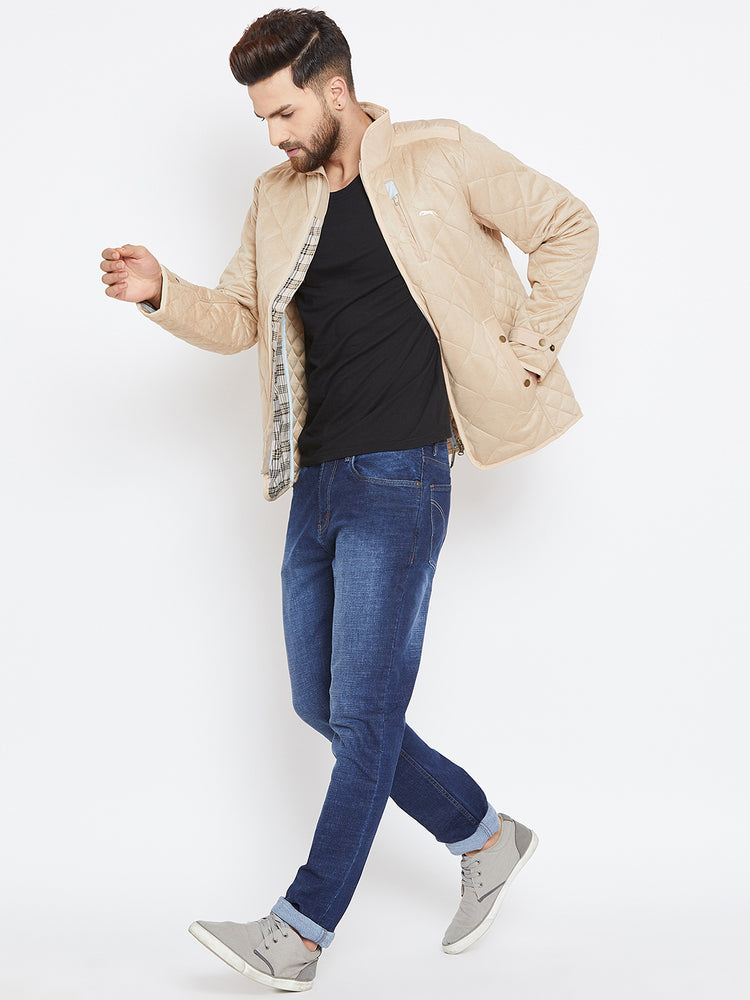 Men Beige Solid Quilted Jacket - JUMP USA