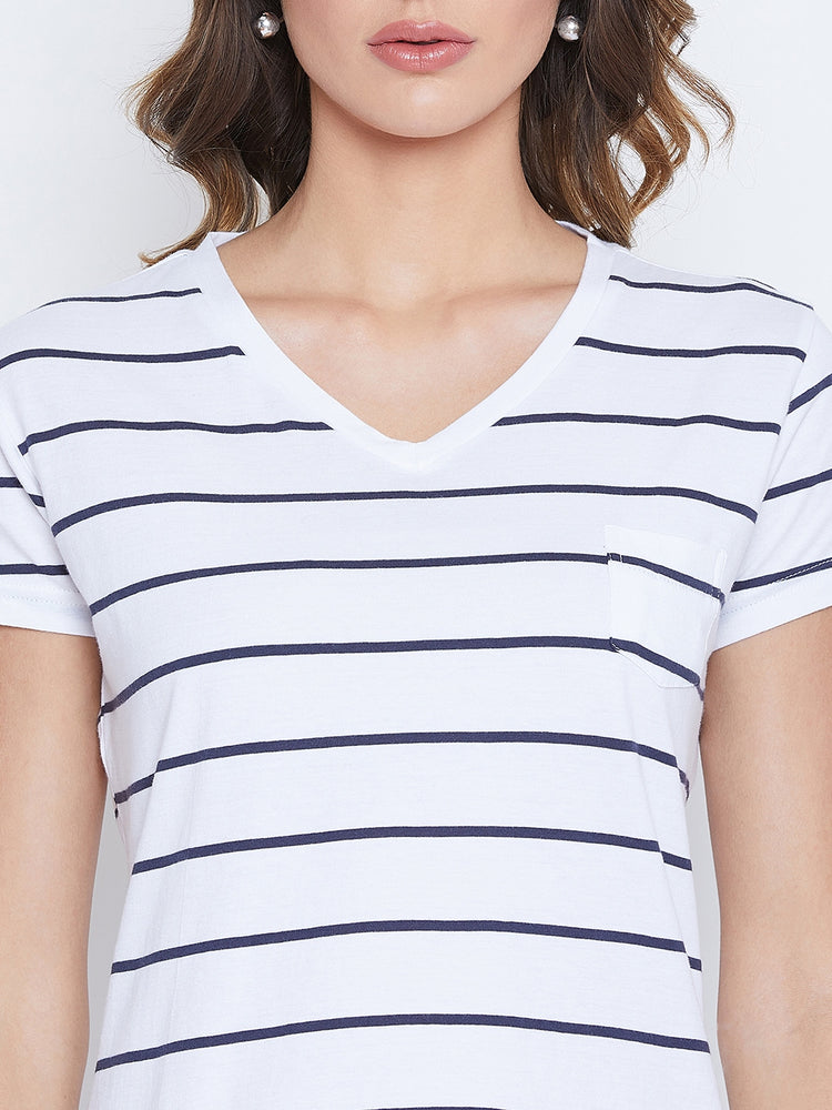 JUMP USA Women Navy Blue Striped V-neck T-shirt - JUMP USA