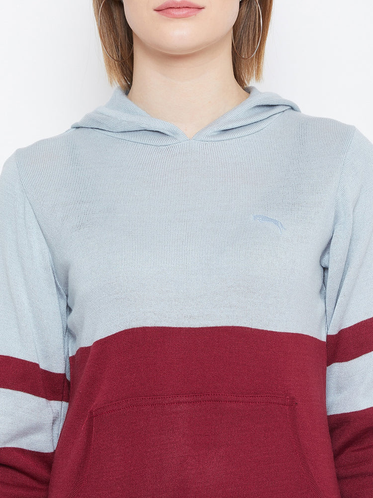 JUMP USA Women Blue & Red Colourblocked Hooded Sweater - JUMP USA