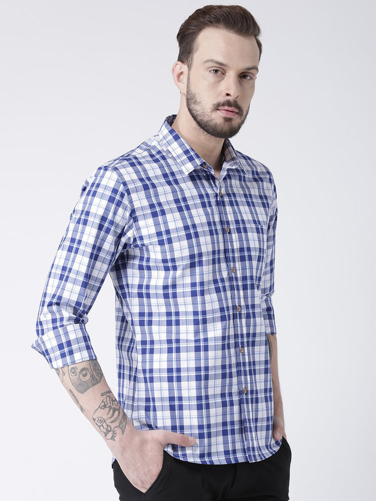 Men Navy Blue Checked Cotton Slim Fit Shirt - JUMP USA