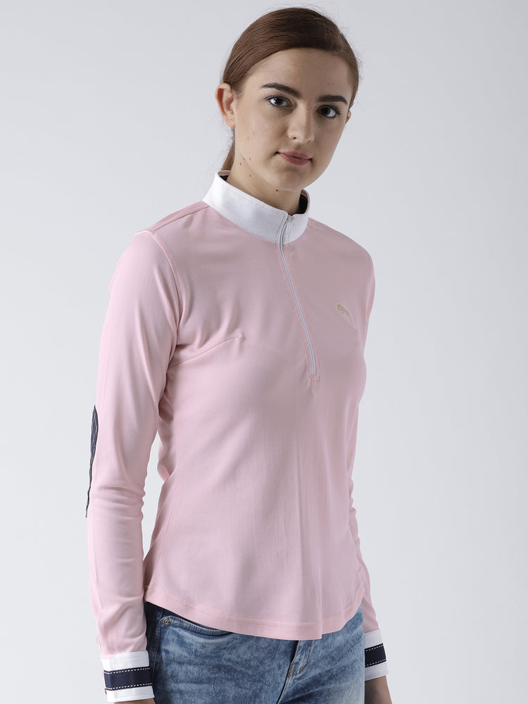 Women Solid Pink Polo T-Shirt - JUMP USA