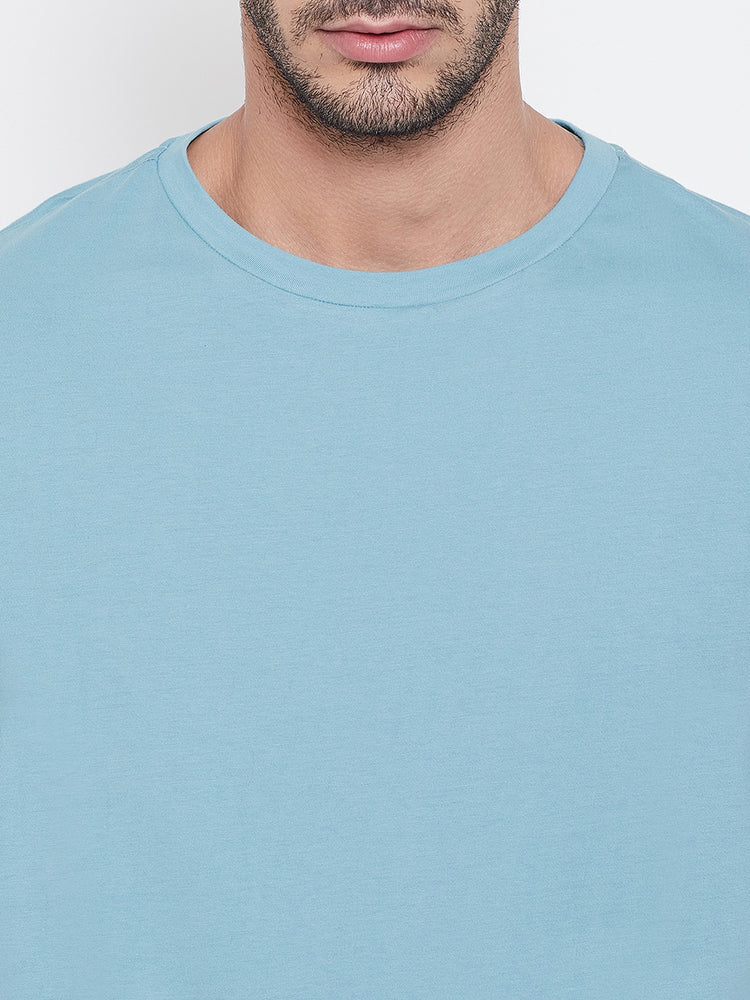 Men Blue Solid Round Neck T-shirt - JUMP USA