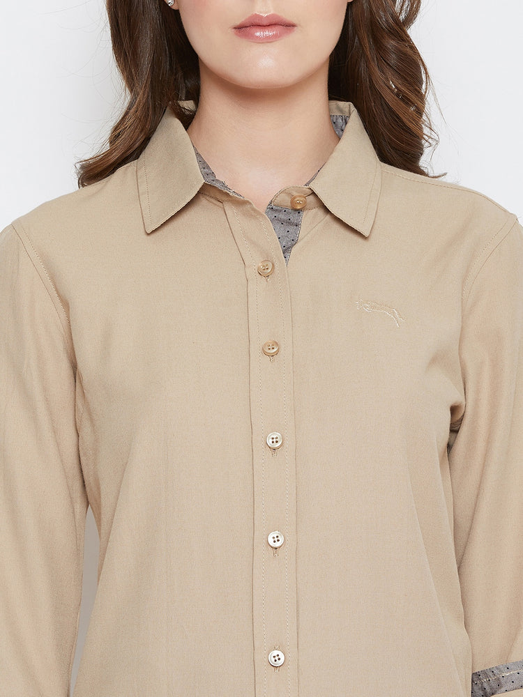 Women Beige Solid Casual Slim Fit Shirt - JUMP USA