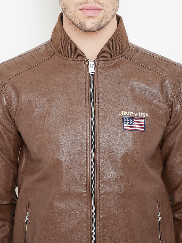 JUMP USA Tan Solid Casual PU Leather Varsity Jacket - JUMP USA