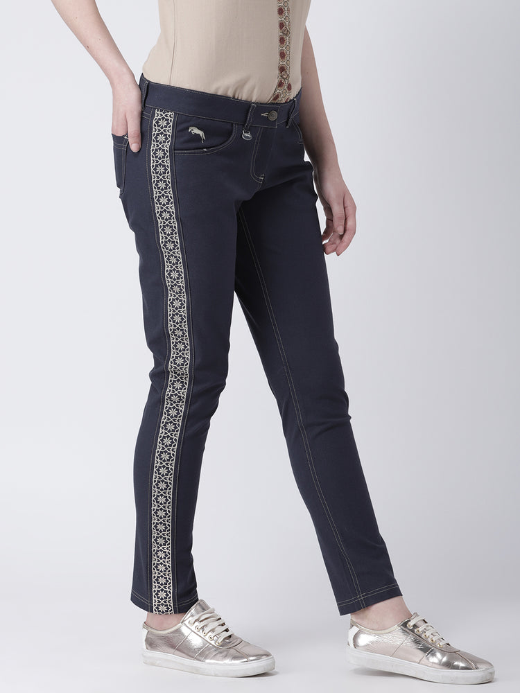 Women Navy Blue Casual Trousers - JUMP USA