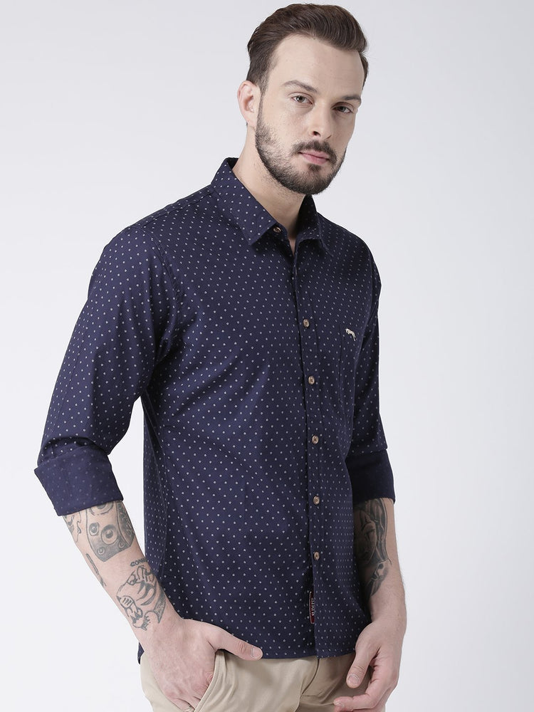 Men Navy Blue Printed Cotton Slim Fit Shirt - JUMP USA