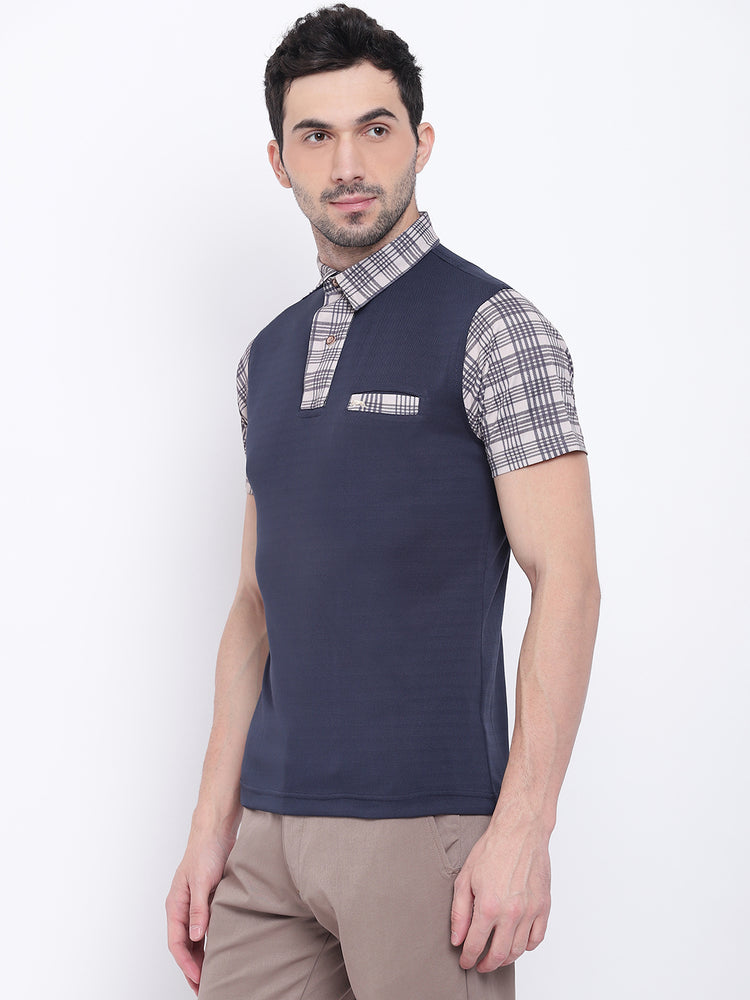 Men Casual Solid Navy Blue Polo Collar T-Shirt - JUMP USA