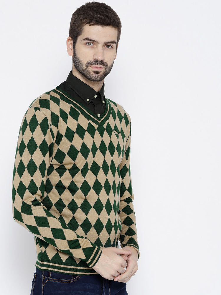 Men Green and Beige Colourblocked Pullover - JUMP USA