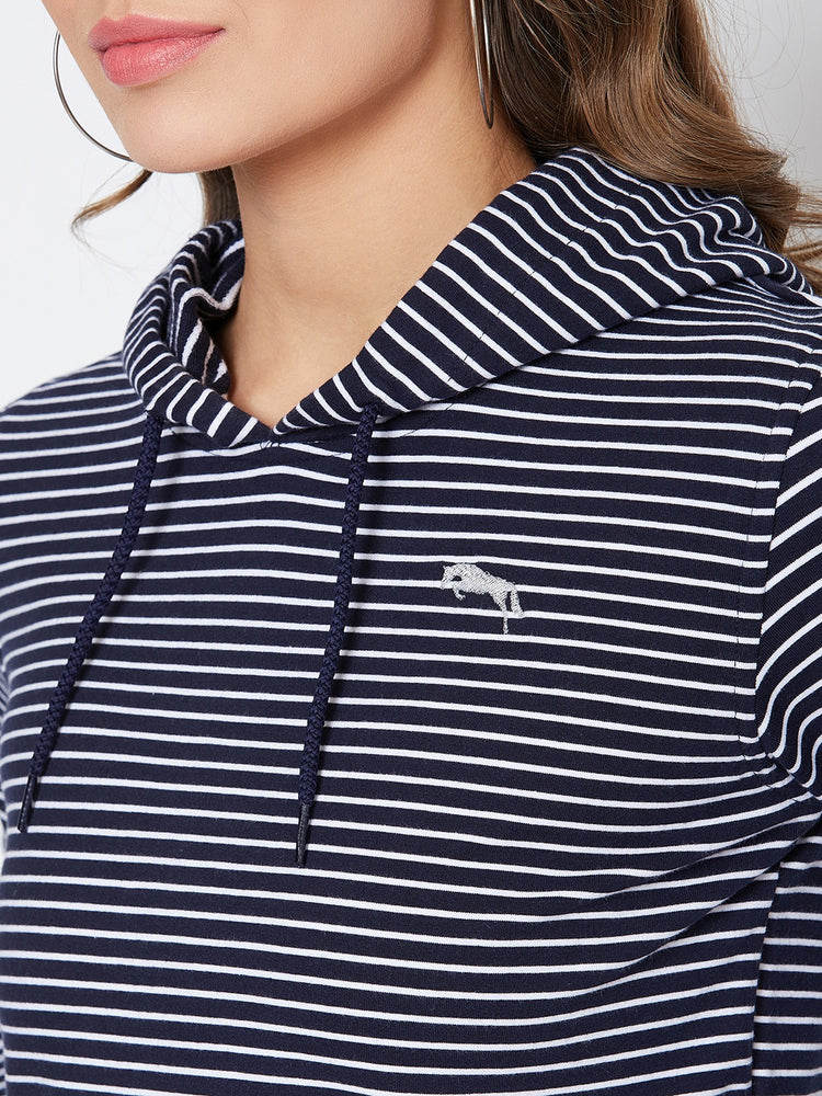 JUMP USA Women Navu Blue And White Striped Hoodies Sweatshits - JUMP USA