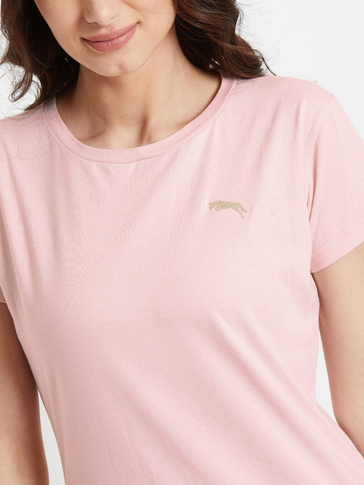 Women Pink Solid Casual Round Neck T-shirt - JUMP USA