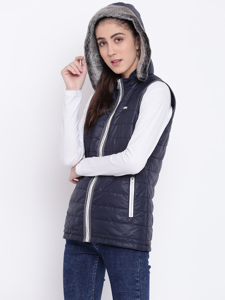 Women Navy Blue Casual Quilted Jacket - JUMP USA