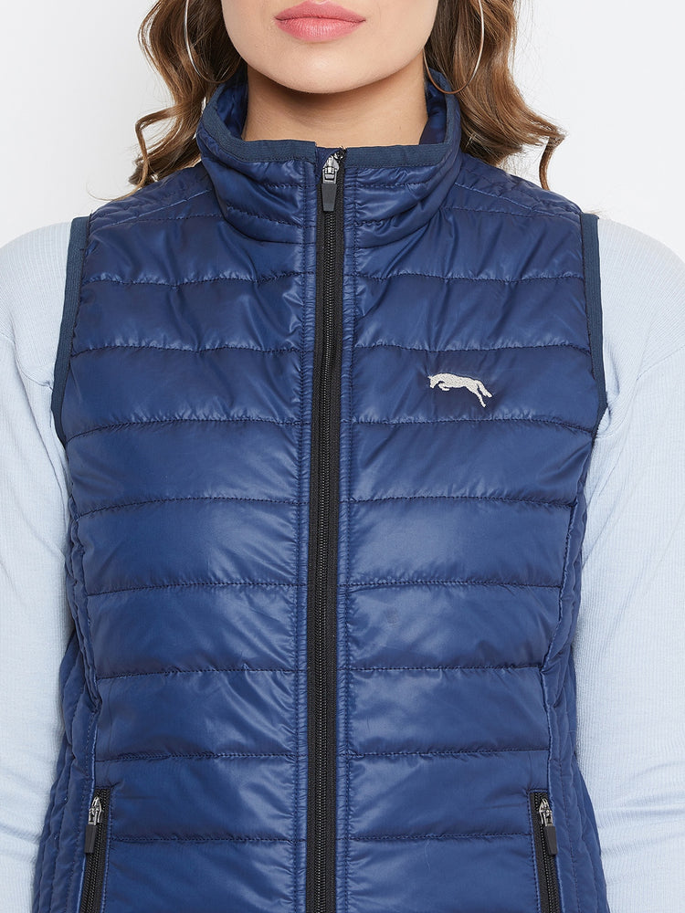 JUMP USA Women Blue Sleevless Solid Bomber Jacket - JUMP USA