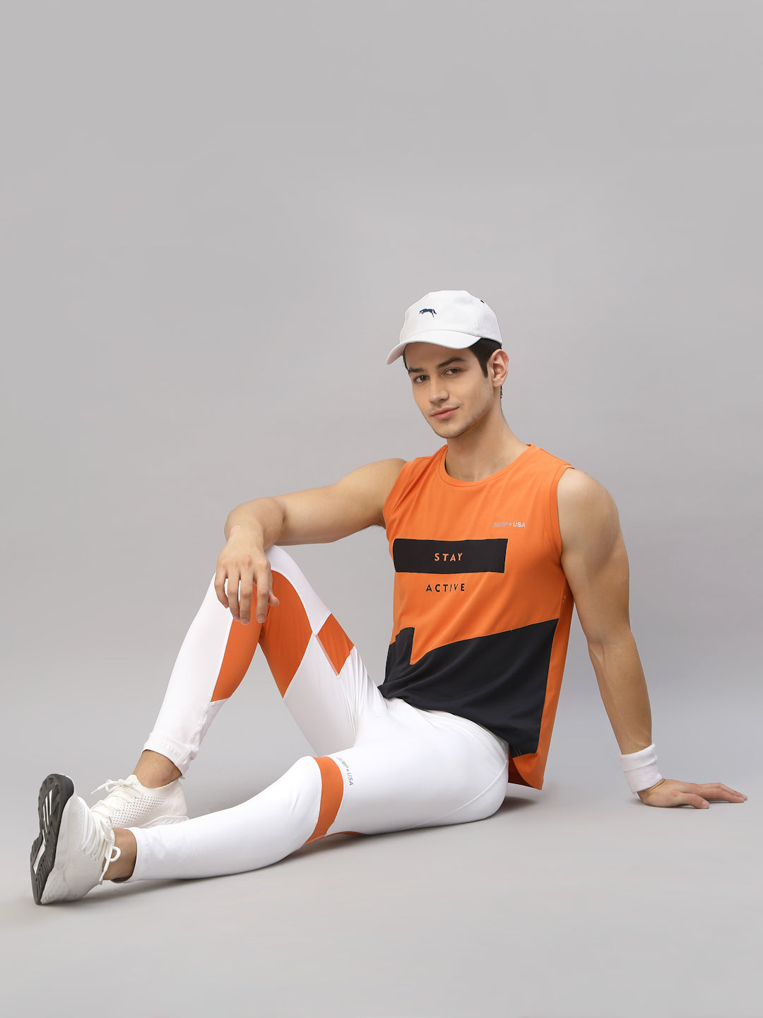 JUMP USA Men Orange Navy Blue Printed Polyester Sleeveless Tank T-sh