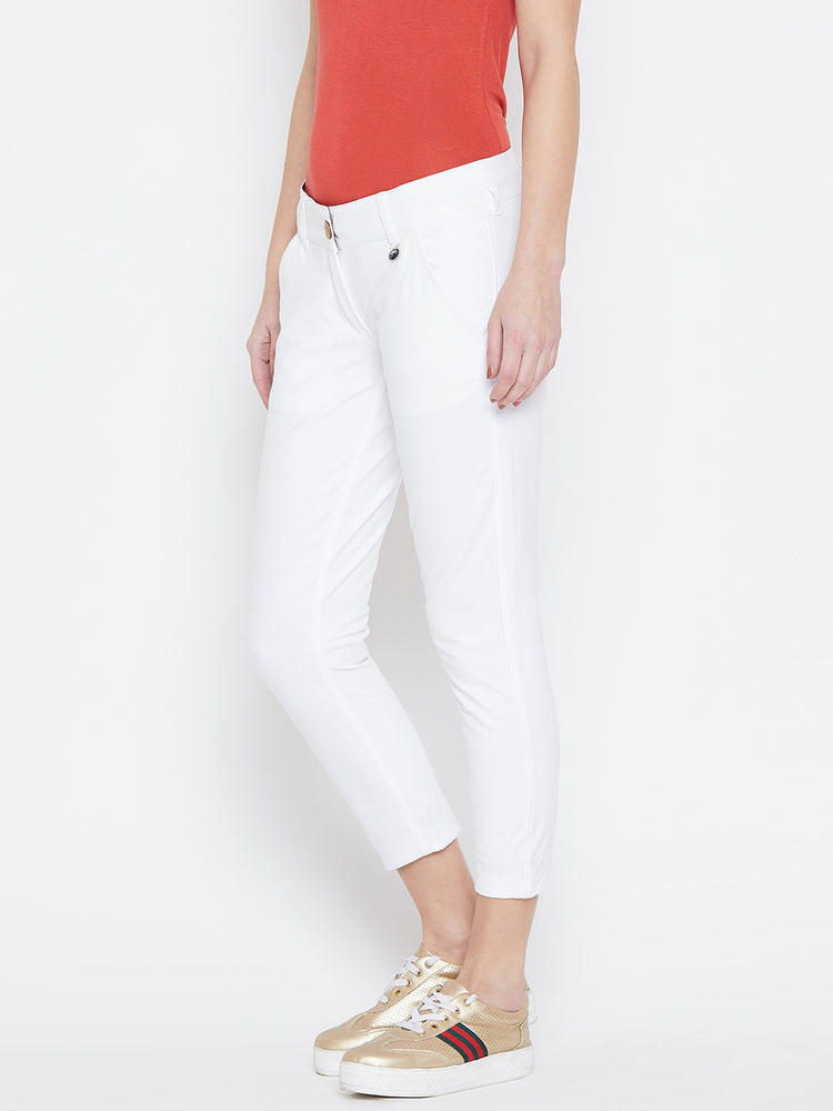Women White Solid Skinny Fit Trouses - JUMP USA