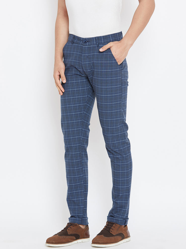 Men Blue Relaxed Fit Casual Checked Chinos - JUMP USA
