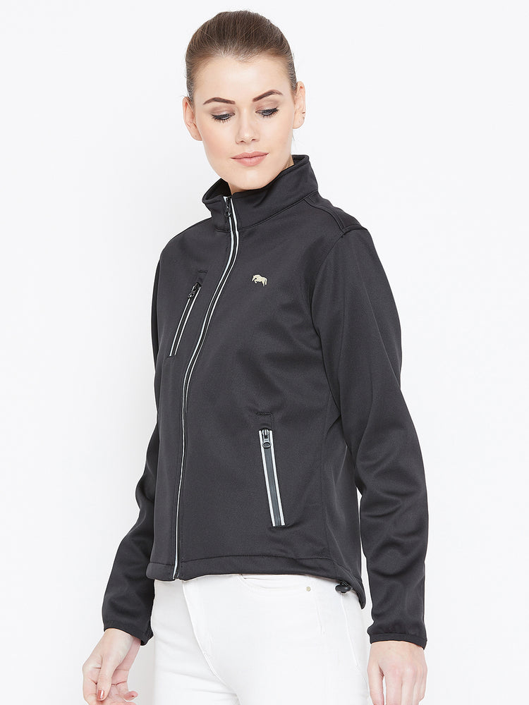 Women Black Solid Sporty Jacket - JUMP USA