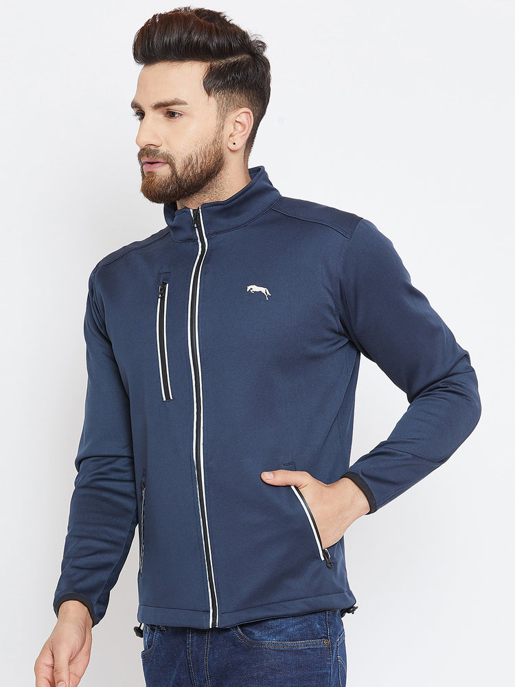 Men Navy Blue Solid Sporty Jacket - JUMP USA