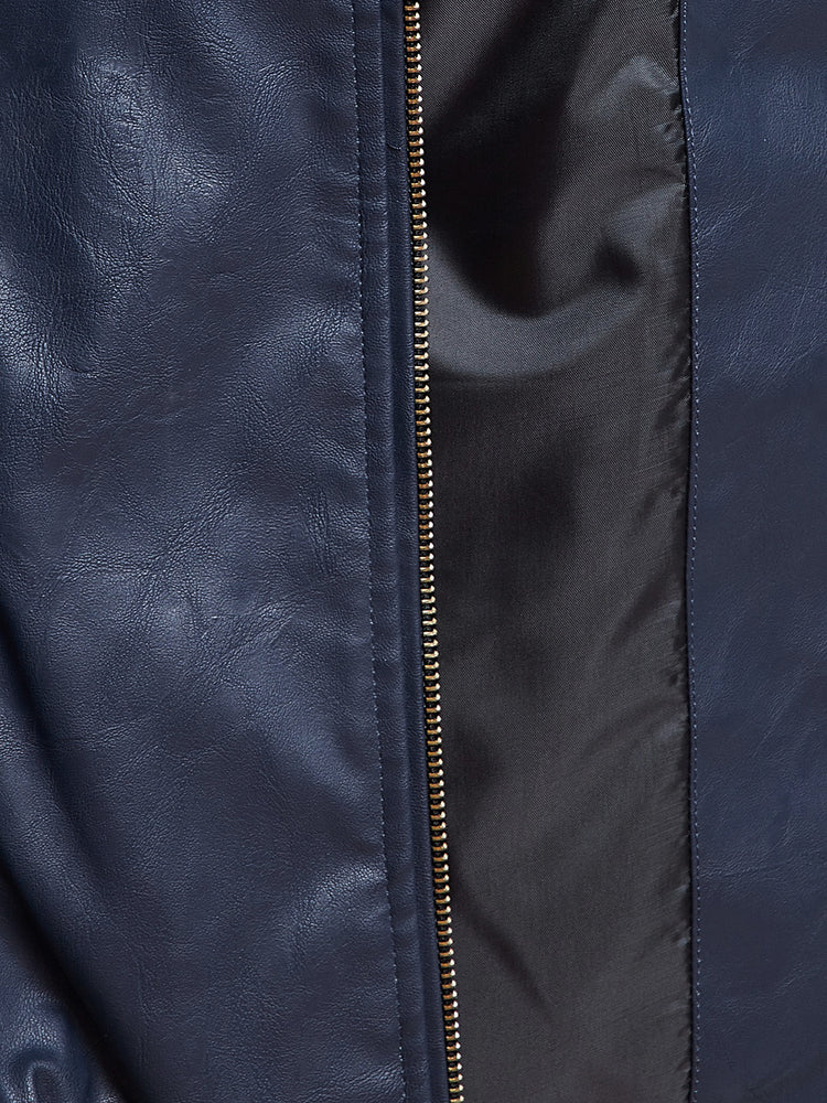 JUMP USA Navy Solid Casual PU Leather Varsity Jacket - JUMP USA