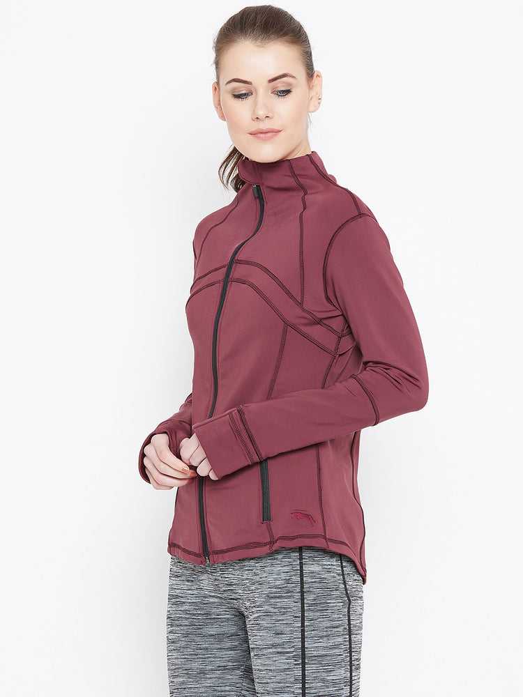 Women Maroon Solid Sporty Jacket - JUMP USA