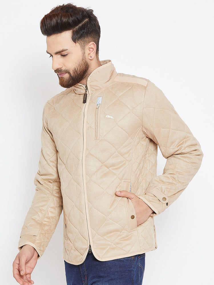 Men Beige Solid Quilted Jacket - JUMP USA
