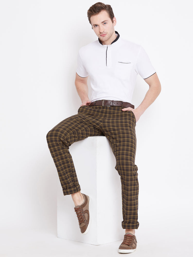 Men Brown Checked Casual Regular Fit Trousers - JUMP USA