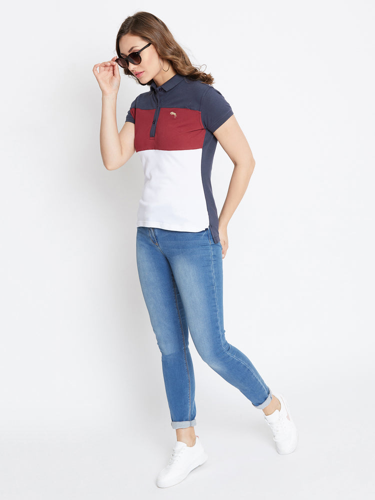 JUMP USA Women Navy Blue And Red Colour blocked PoloT-Shirts - JUMP USA
