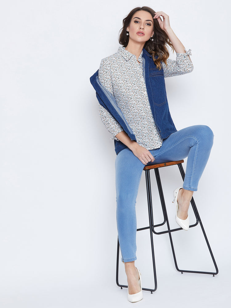 JUMP USA Women White & Blue Printed Casual Shirts - JUMP USA