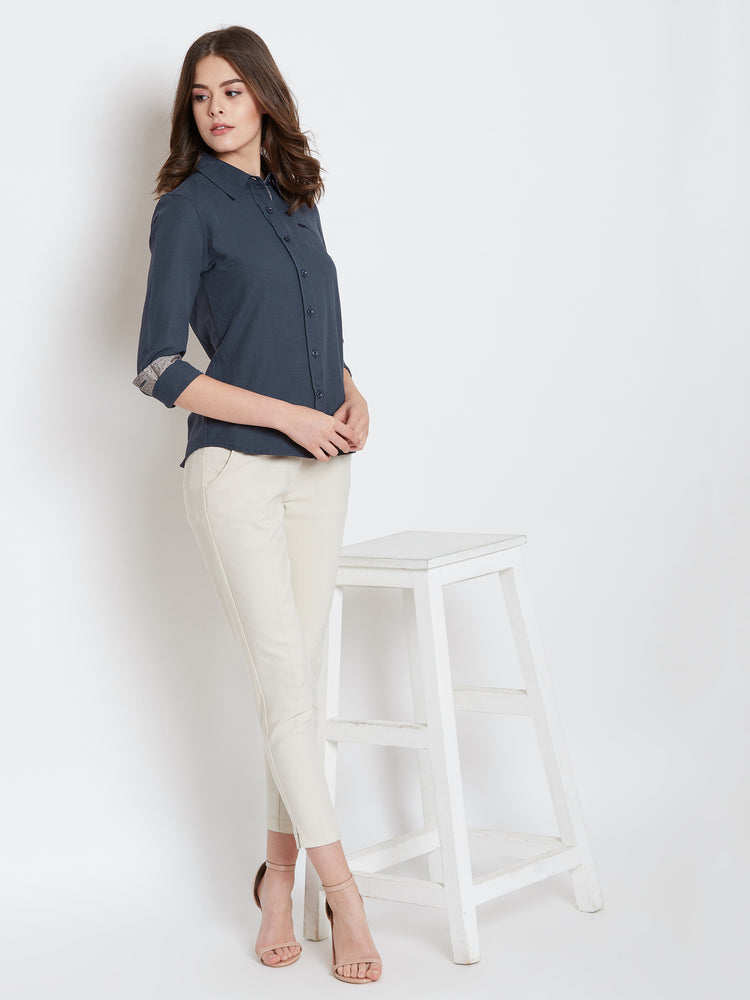 Women Navy Blue Solid Casual Slim Fit Shirt - JUMP USA