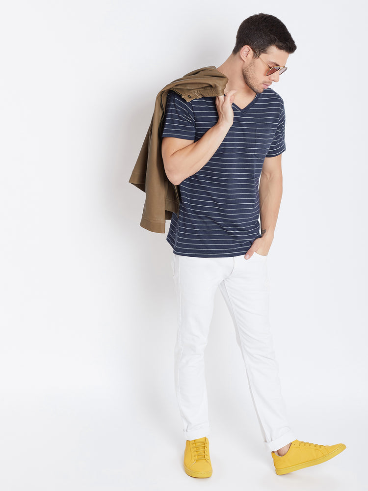 JUMP USA Men Navy Blue Striped V-neck T-shirt - JUMP USA