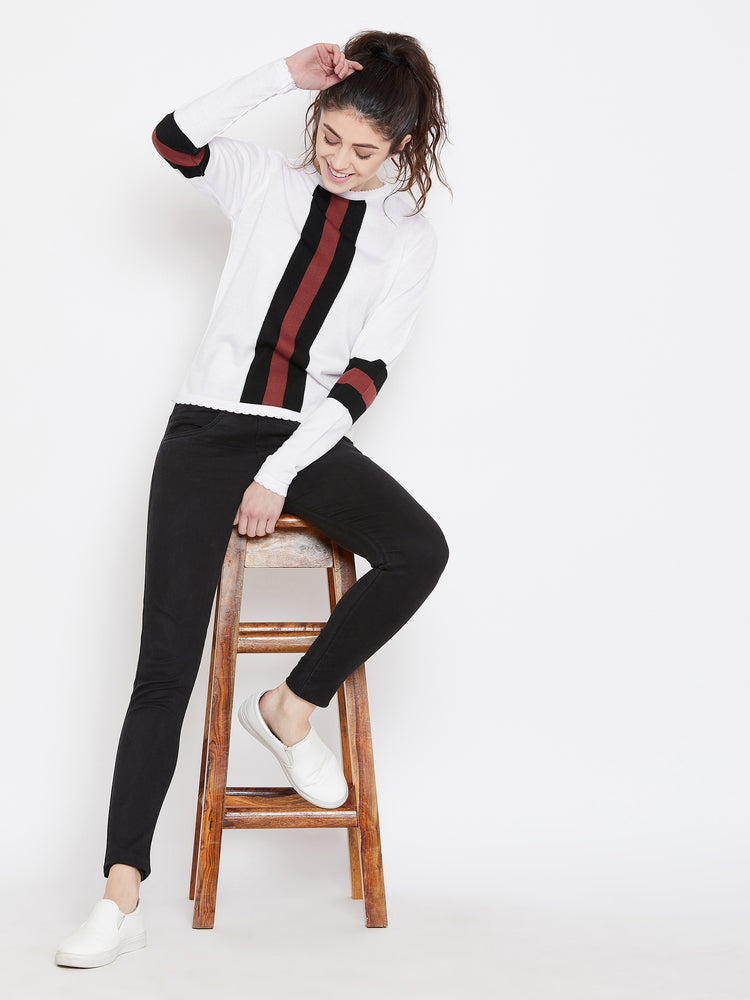 Womens Solid White/Black Sweaters - JUMP USA