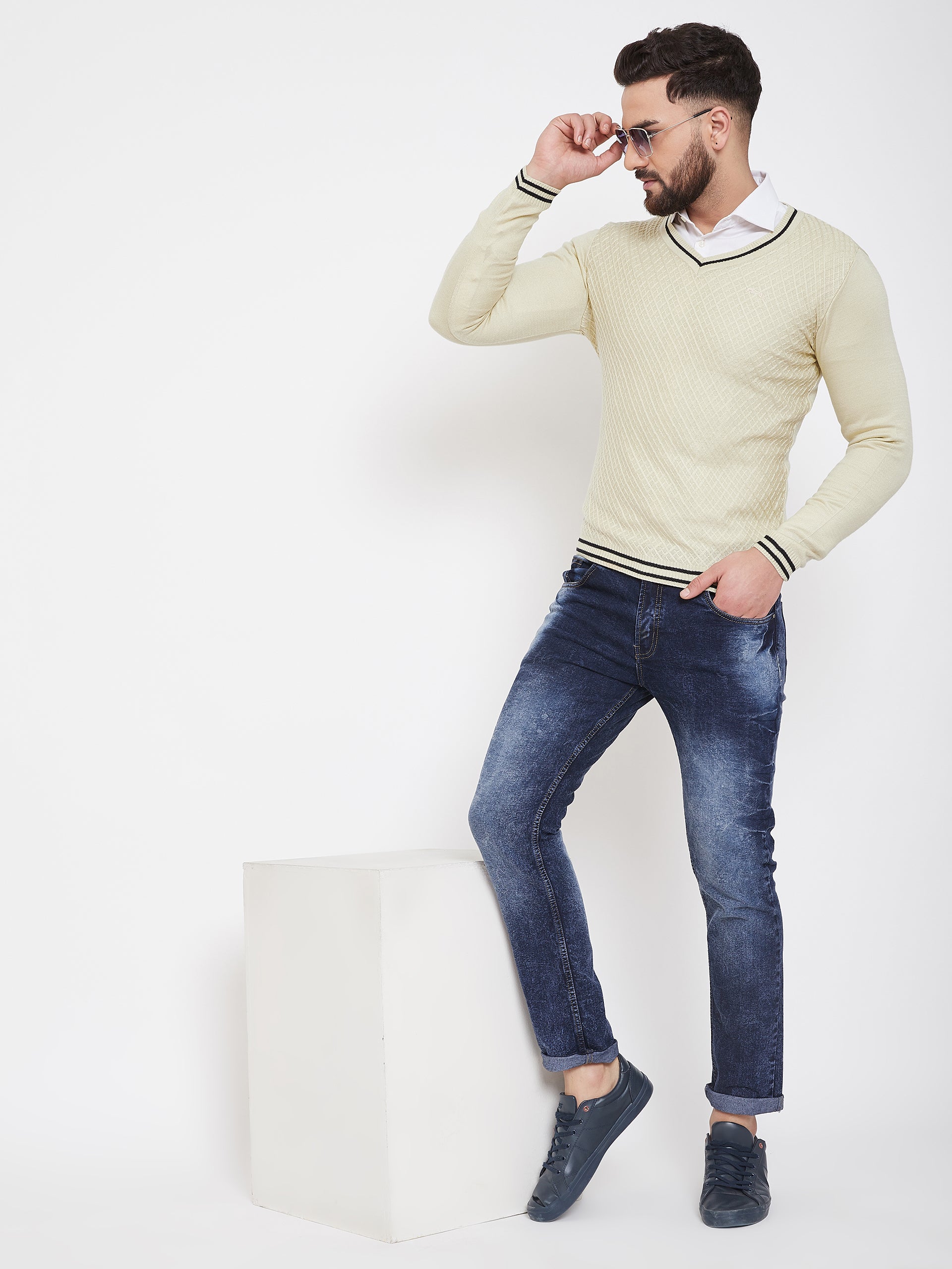 JUMP USA Men Butter Self Design Sweater - JUMP USA