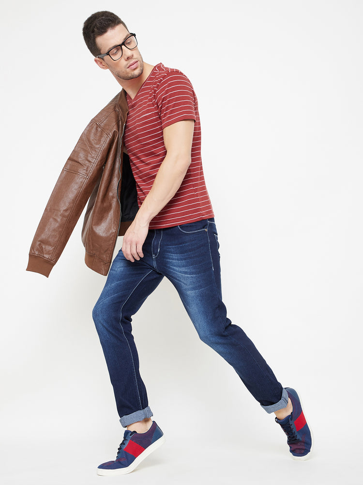 JUMP USA Men Red Striped V-neck T-shirt - JUMP USA