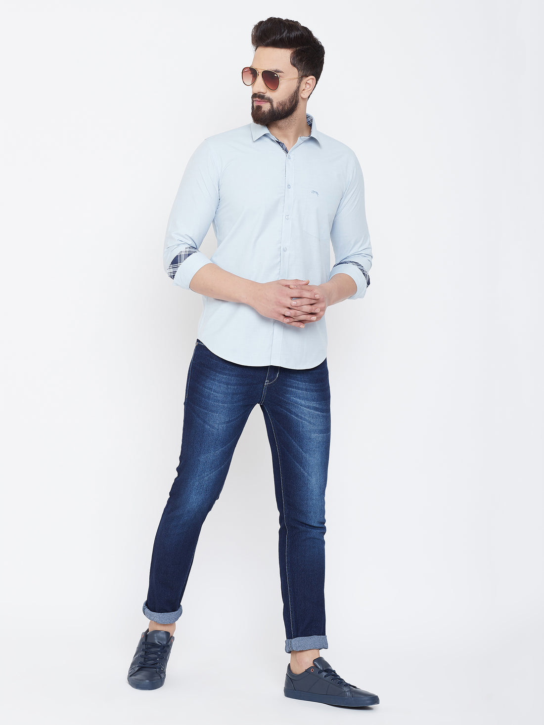 JUMP USA Men Cashmere Blue Solid Cotton Casual Shirts - JUMP USA