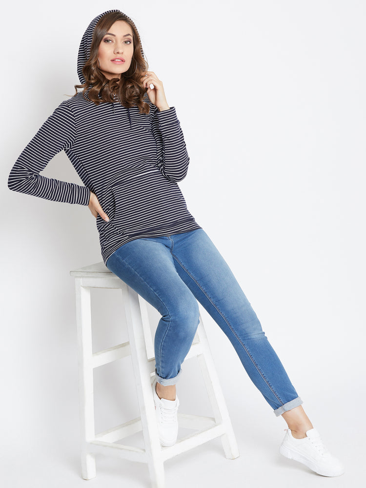 JUMP USA Women Navu Blue And White Striped Hoodies Sweatshits - JUMP USA