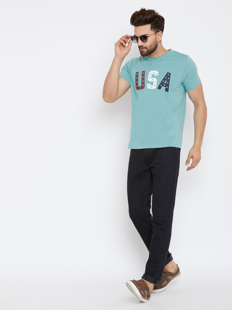 JUMP USA Men Blue Solid Round Neck T-Shirt - JUMP USA