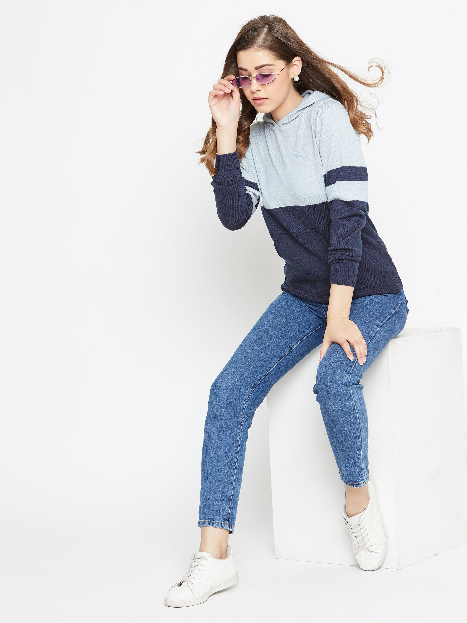 JUMP USA Women Blue Colourblocked Hooded Sweater - JUMP USA