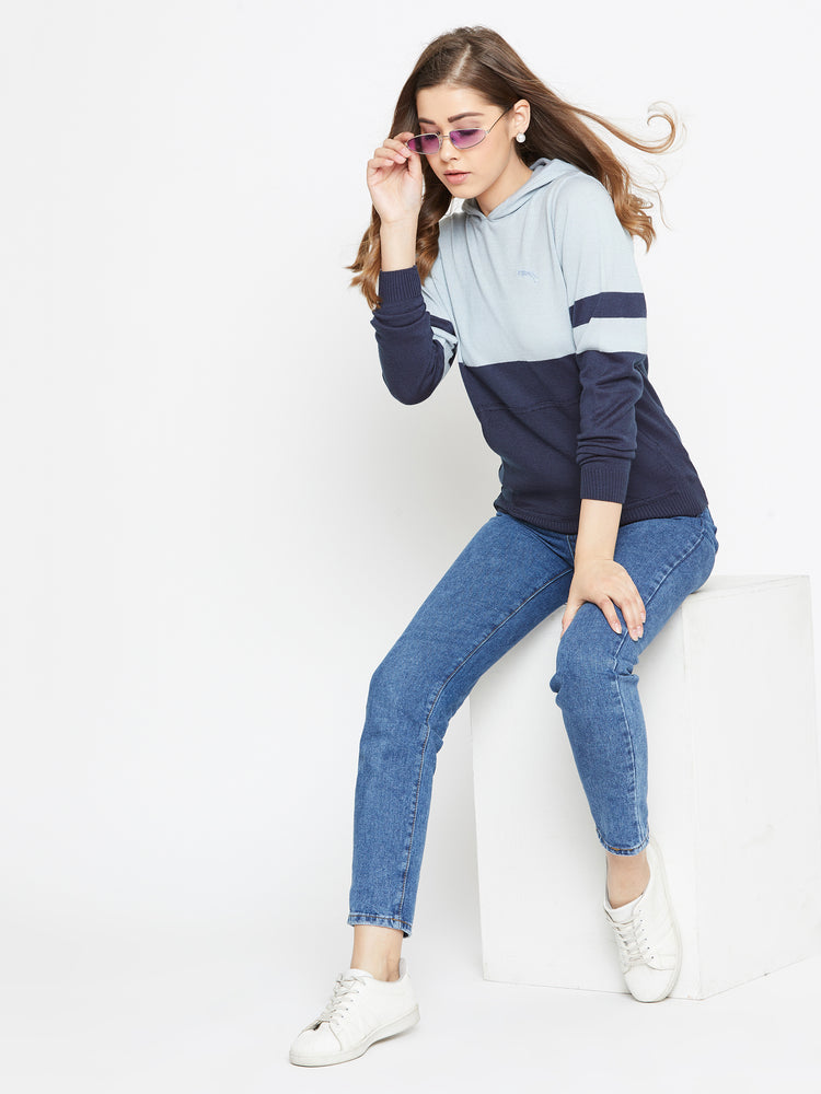 JUMP USA Women Blue Colourblocked Hooded Sweater - JUMP USA