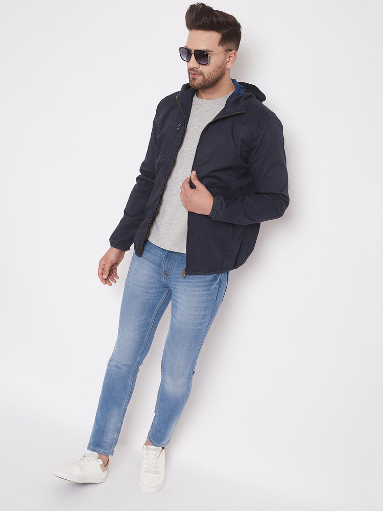 JUMP USA Mens Solid Navy Blue Hood Tailored Jacket
