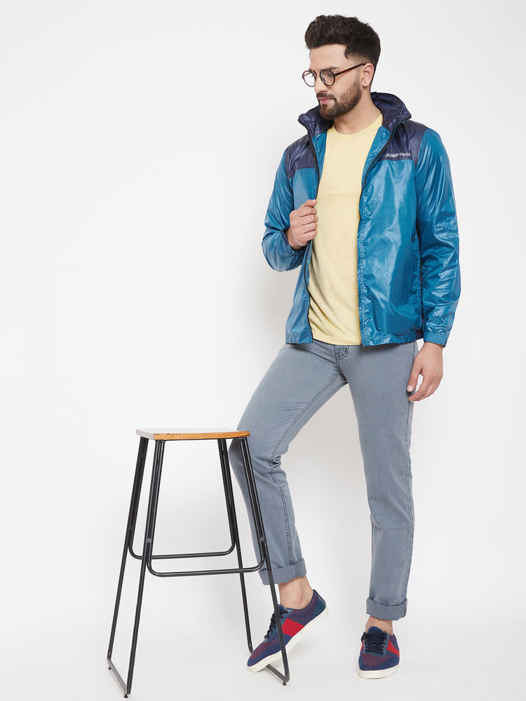 JUMP USA Men Navy Blue Colourblocked Rain Jacket - JUMP USA