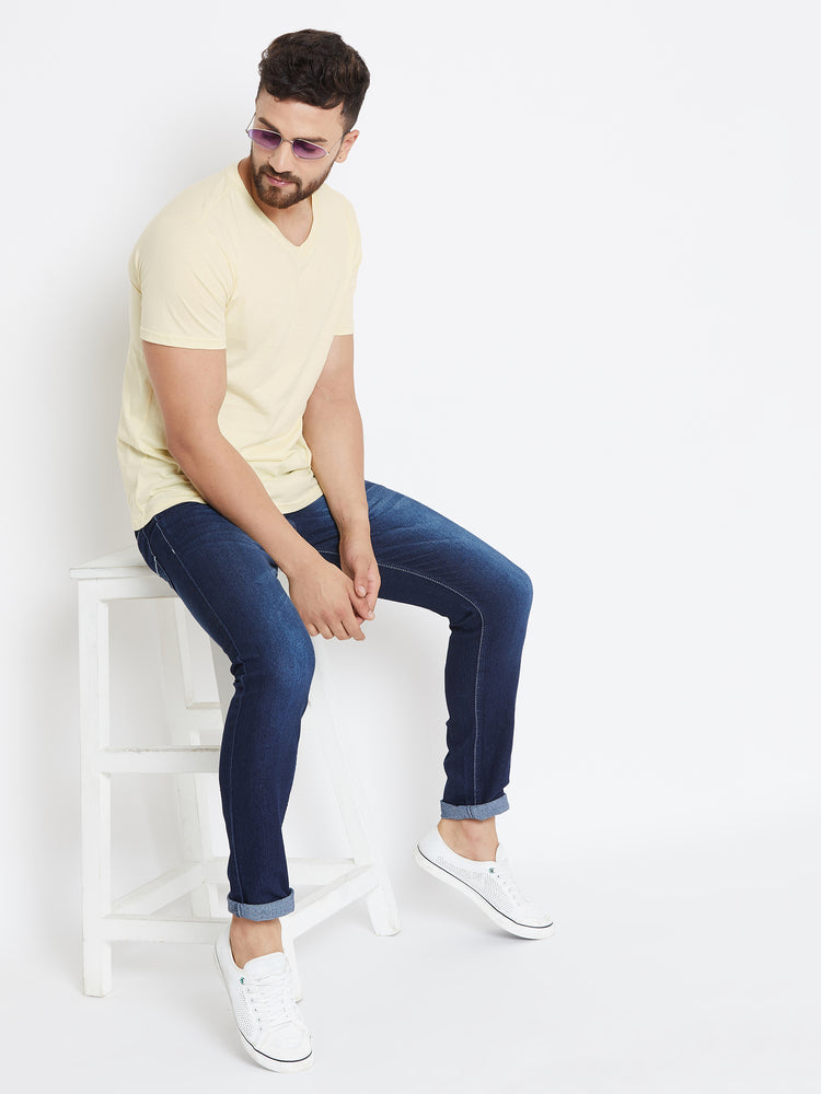 Men Beige Solid V Neck T-shirt - JUMP USA