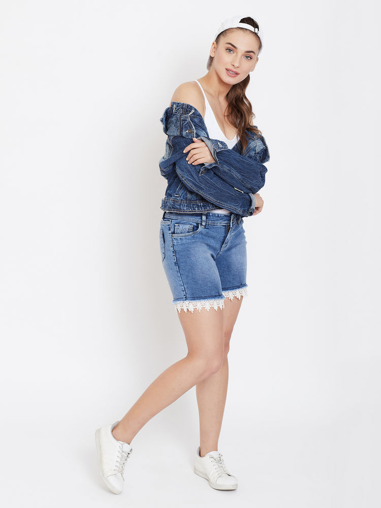 Women Blue Cloud Wash Casual Denim Shorts - JUMP USA